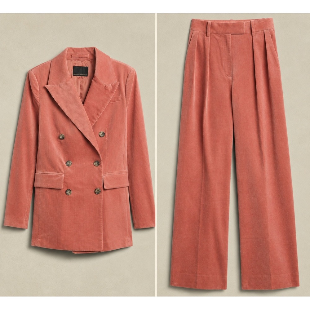 Banana Republic Pink Blush Corduroy Suit Set Size 12 Blazer Wide Leg Pants